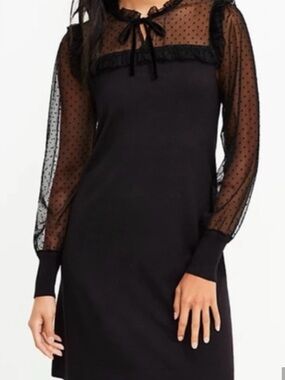 LOFT Black Sheer Polka Dot Yoke Ruffle Long Sleeve Dress